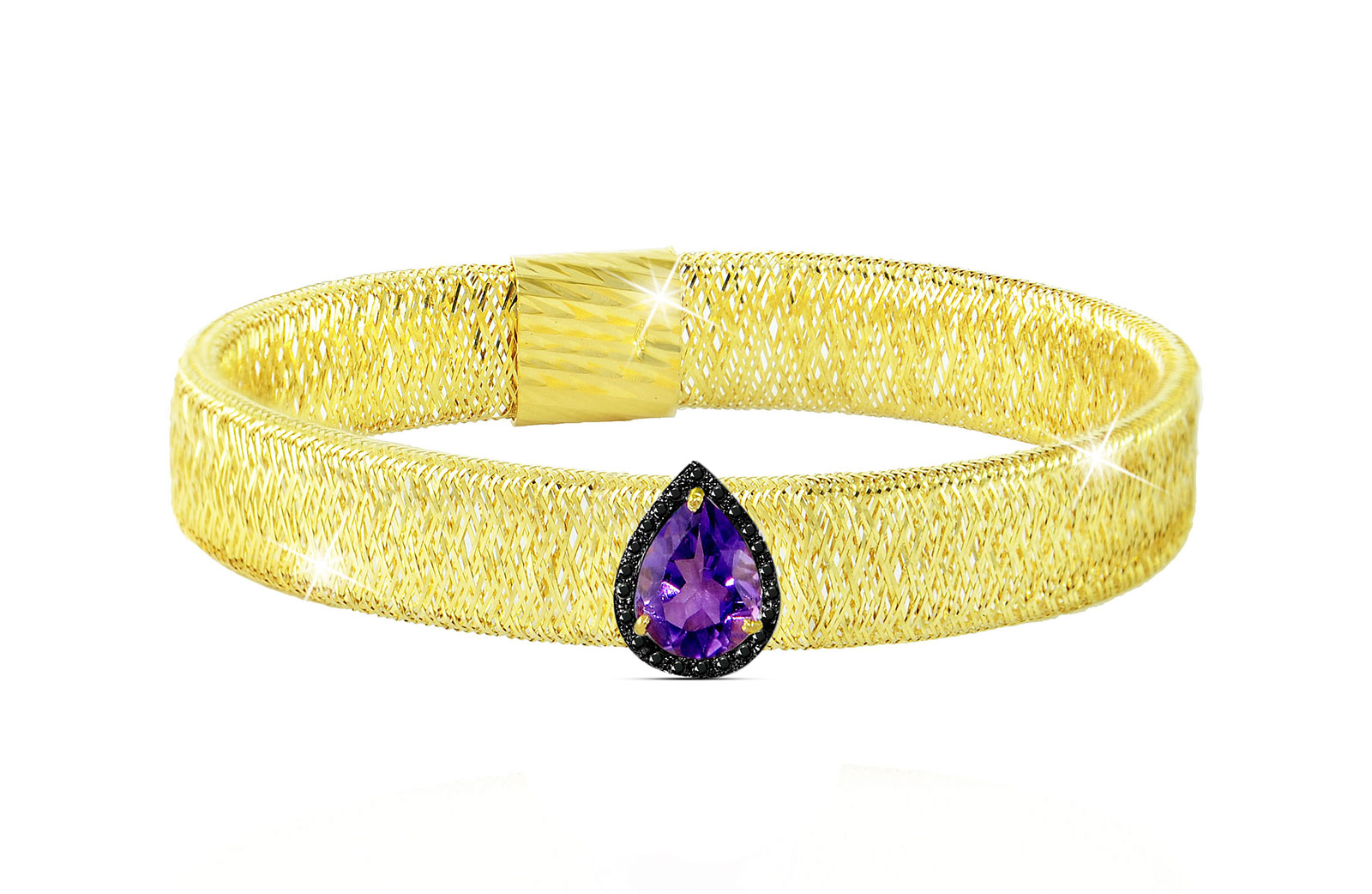 Vera Perla 18K Gold 0.12ct Black Diamonds, Amethyst Mesh Bracelet